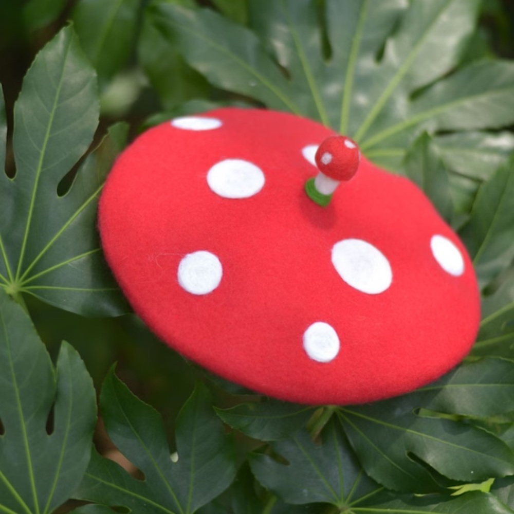 Mushroom Beret Hat Red Strawberry Ladybug Polka Dot - Picture 3 of 3